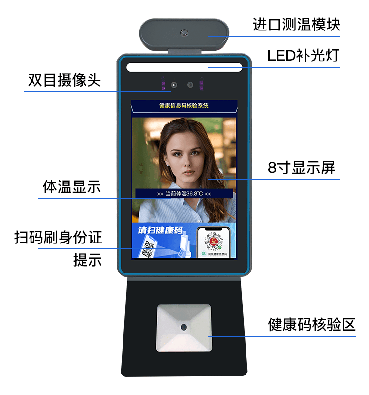 捷易科技國康碼健康碼人證核驗一體機可適用于期間人流量較大且人群身份不固定的場所，如政務服務大廳、醫護場所、街道社區、企業工廠、寫字樓、校園、銀行、超市和機場等各種場所。