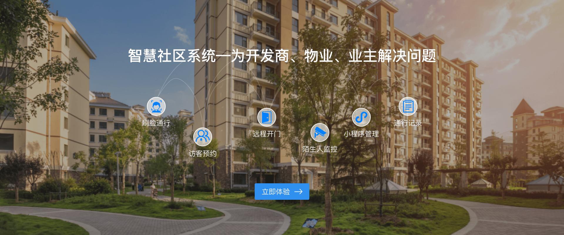 智慧社區人臉識別門禁系統，智慧社區門禁系統為開發商、業主、物業解決問題：刷臉通行、訪客預約、遠程開門、陌生人監控、小程序管理、通行記錄。-